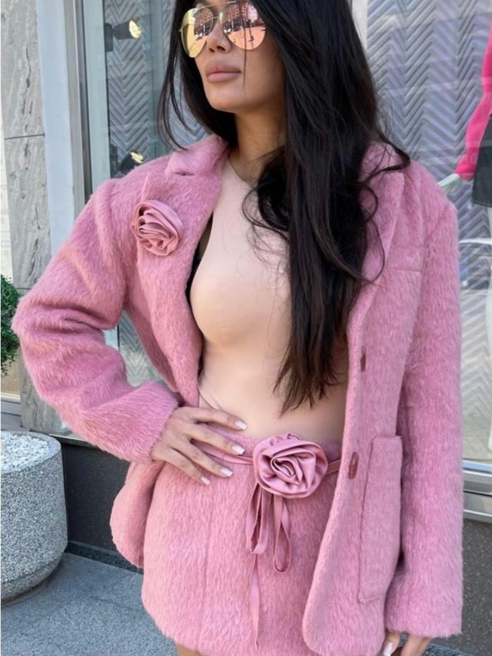 For Love And Lemons Pink mohair blend skirt with Rose Appliqués